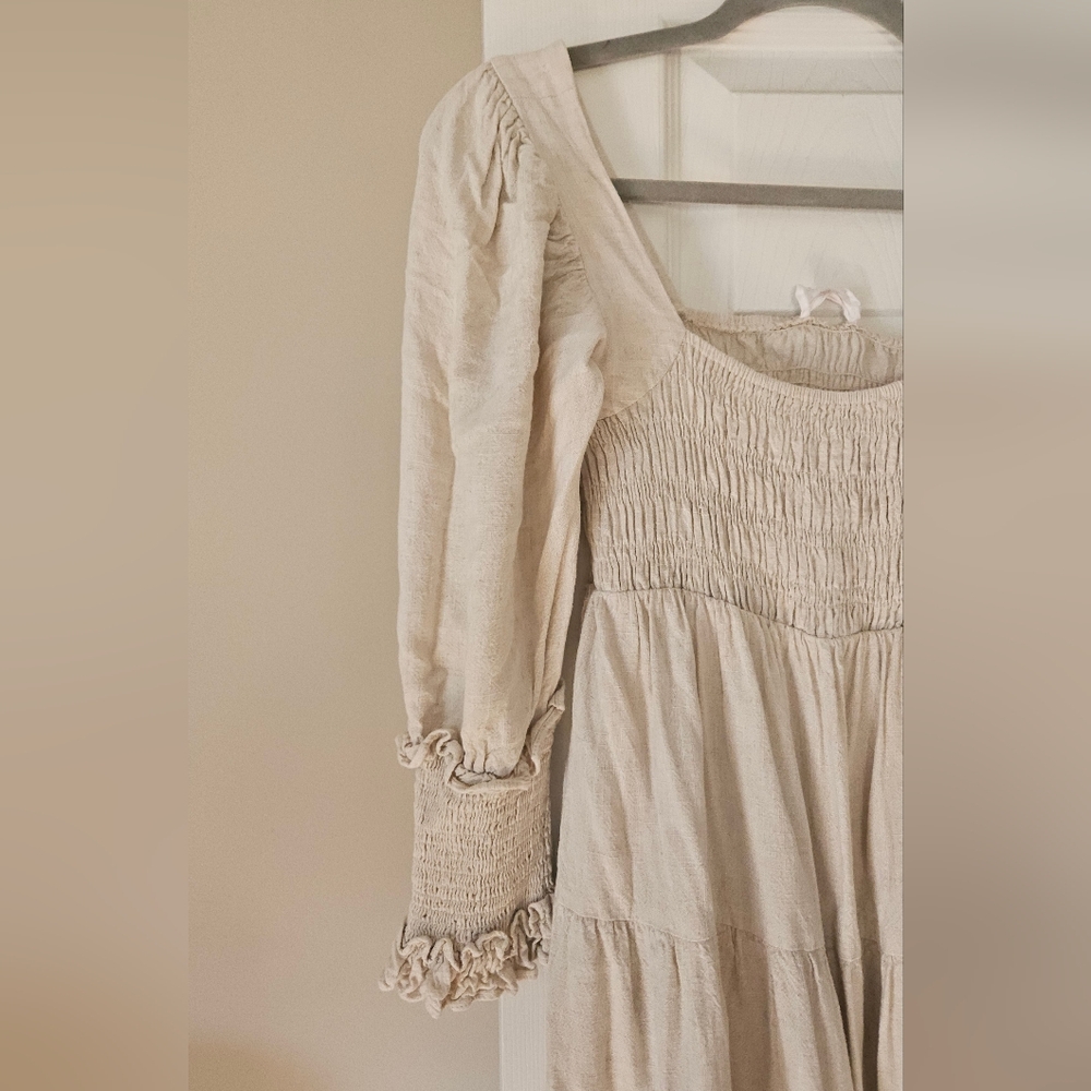 Girl and the Sun Bambi Maxi Dress XS Oatmeal Linen Blend Cottagecore Smocked - Picture 6 of 9